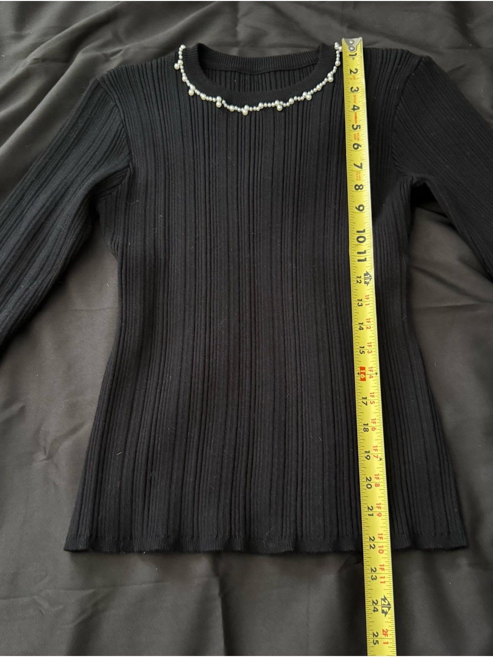 Commense Black Ribbed Long-Sleeve Top with Pearl Trim Size Large - Picture 4 of 6